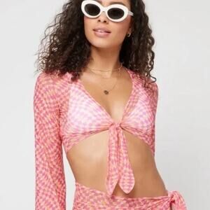 L*SPACE Bandera Cropped Top Heat Waves Long Sleeve Semi Sheer Tie XS NEW